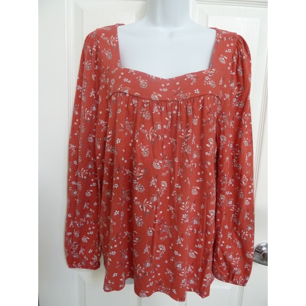 Lucky Brand Womens Large Long Sleeve Floral Peasant Top Boho Soft Square Neck